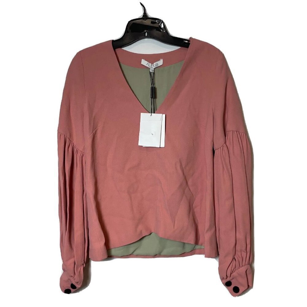 Alexis Womens Long Sleeve‎ V-neck Blouse Top Pink XS Balloon Sleeve Lined New
